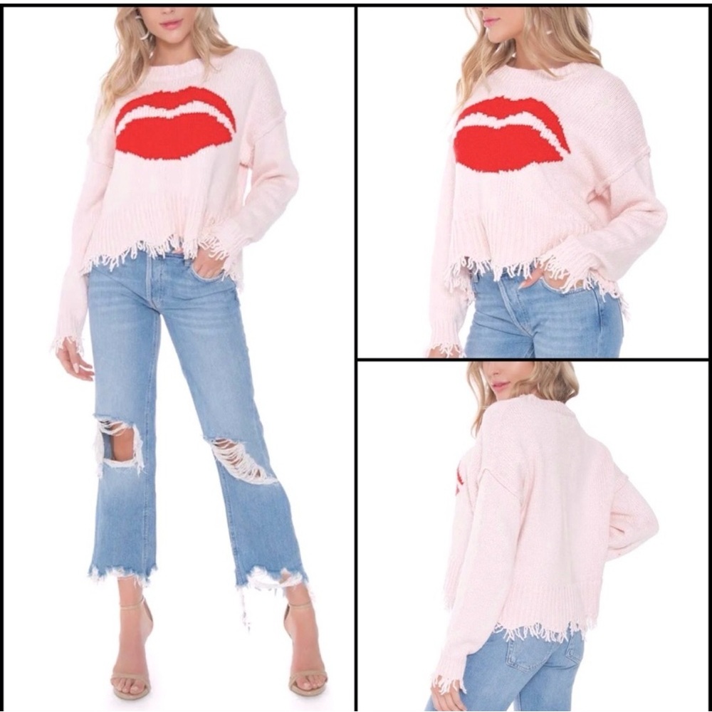 Wildfox Luna First Kiss sweater in seashell pink cotton with frayed hems